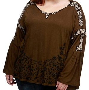 ** Lucky Brand Embroidery Bell Sleeve Top Brown